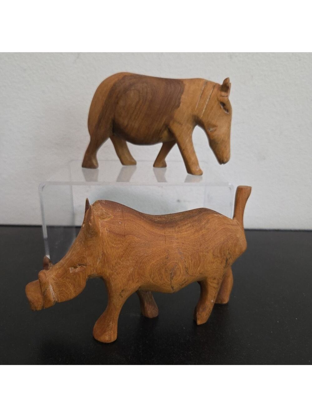 TWO Hand Carved Kenyan Wooden Warthog Boar Wild Pig Figurine Statue